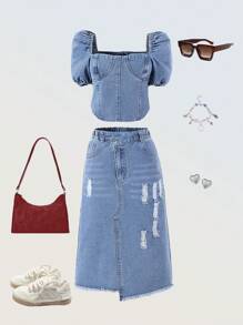 Denimly Tween Girls Vintage Casual Urban Preppy Cropped Top With Square Neckline, Puff Sleeves, Back Zippered Closure And Denim Mid-Length Skirt With Distressed Details, Elastic Waistband, Zipper Closure, Side Slit And Frayed Hem, 2 Pieces Set - Medium Wash - View 6