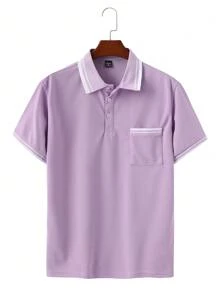 Calvornis Camiseta polo de manga corta casual y minimalista con ribete de contraste para hombres - Púrpura malva - Ver 3