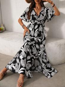 SHEIN Clasi Women's Vacation Style Short Sleeve V-Neck Dress With Leaf Print Maxi Women Outfit - Multicolor - View 4