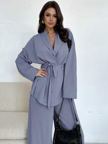 Firerie Casual Elegant Women Summer/Autumn Shacket With Lapel, Waist Tie, Loose, And High Waist Relaxed Pants, Suitable For Vacation, Commuting, Office