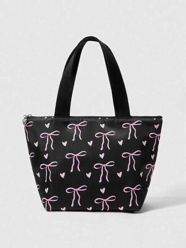 ROMWE Kawaii Bow Design Fashionable Kawaii Lunch Bag, Large Capacity Insulated Portable Tote