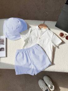SHEIN Conjunto de 3 piezas de ropa de verano para niño/niña bebé: Sombrero de pescador a rayas, camisa blanca de botones, pantalones cortos a rayas casuales - Adecuado para interior, exterior, vacaciones