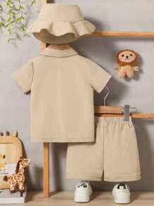 Baby Boy Cute Animal Print Outfit With Cap, Casual Cargo Style Short Sleeve Shirt And Shorts Set, Suitable For Everyday Wear, Outdoor Play, Party, Vacation, Spring/Summer