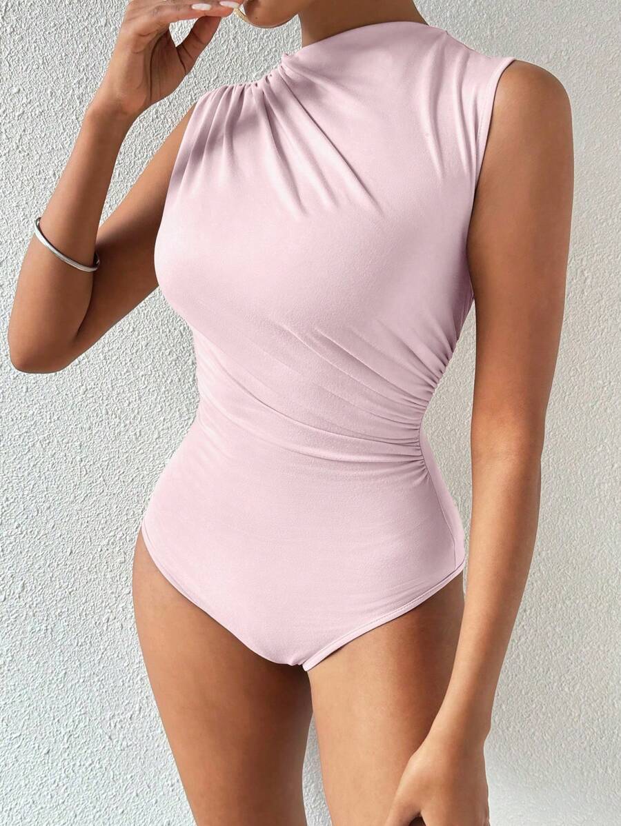 Zolique Plain Stand Collar Bodysuit With Ruching And Sleeveless, Elegant - Pink - View 1