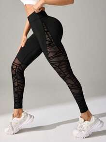 Core Rhythm Quần legging lưới hình học cạp cao cho nữ mặc hàng ngày và quần tập yoga thể thao - màu đen - Xem 5