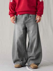 Chillumni Men's Light Blue Washed Loose Wide Leg Barrel Leg Jeans - Light Grey - View 1