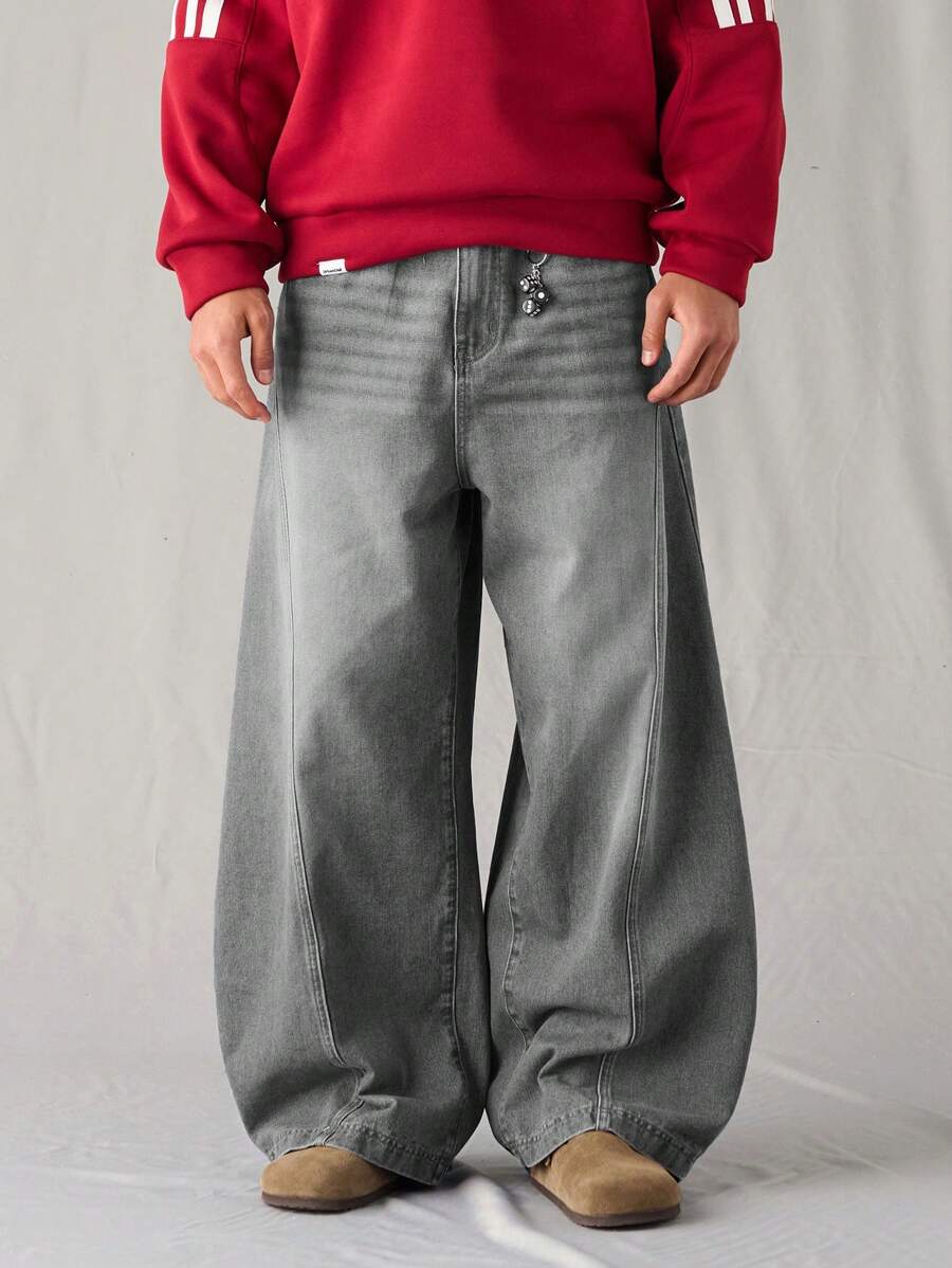 Chillumni Men's Light Blue Washed Loose Wide Leg Barrel Leg Jeans - Light Grey - View 1