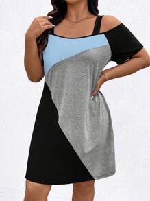 大码女式拼色露肩短袖休闲连衣裙 - 彩色 - 查看 4