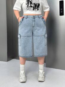 SHEIN EZwear Pantalones vaqueros holgados y de pierna ancha con bolsillo de carga para mujer de talla grande