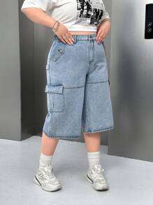 SHEIN EZwear Pantalones vaqueros holgados y de pierna ancha con bolsillo de carga para mujer de talla grande