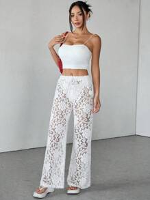 SHEIN PETITE Women's Jacquard Pattern Trousers, Simple And Fashionable For Summer - White - View 3