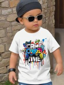 SHEIN Jungen lässig einfaches Videospiel bedrucktes T-Shirt mit kurzen Ärmeln und Rundhalsausschnitt in Weiß, geeignet für den Sommer