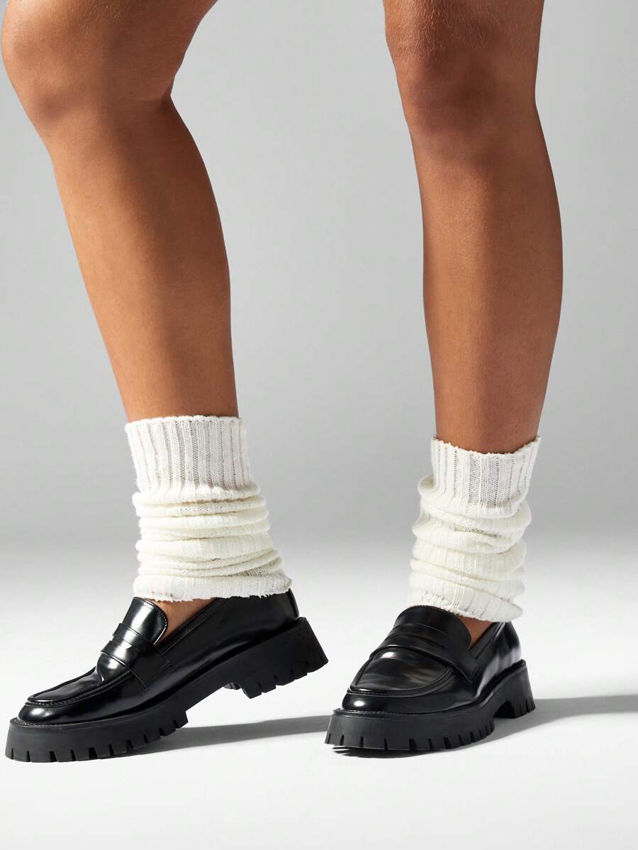 MISSGUIDED Chunky Knit Scrunch Ruched Leg Warmers Athletic School Preppy Style Slouchy Boot Socks Retro Dancer Cozy Fall Winter Warmers - White - View 1