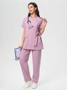 Scrubzie Wrinkle-Resistant Short Sleeve Tie Front Long Shirt And Pants Scrub Uniform Set - Lilac Purple - View 3