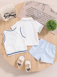 Set de 3 piezas de camisa blanca, chaleco y pantalones cortos para bebé/niño, con look de caballero y lindo, para salidas, fiestas y sesiones de fotos