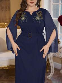 Modelyn Vestito taglie forti con scollo a V, in chiffon e maglia, patchwork, ricamato, a campana, con laccio in vita, elegante e snellente