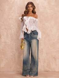 SHEIN BAE Blusa de manga larga con volante asimétrico en el bajo y hombros descubiertos, romántica, adecuada para otoño/invierno, primavera, vacaciones, viajes, San Valentín, uso diario, estilo princesa, camisa blanca, cumpleaños, vestido de dama de honor mini