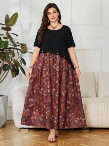 SHEIN Lacomfia Plus Size Women's Casual Printed Patchwork Solid Short Sleeve Loose Fit Arabic Style Dress, Spring/Summer - Multicolor - View 1