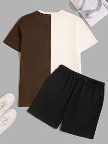 SHEIN Cottnline Men Cottonline Color Block Smile Printed Regular T-Shirt Set - Black and White - View 2