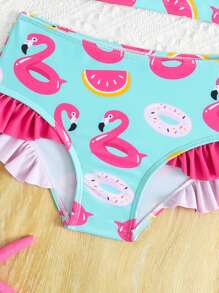Young Girl Flamingo And Donut Print High Neck Ruffle Trim Tankini Summer Beach,Girls Surf Suit