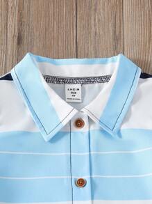 SHEIN 2件套男童条纹短袖单排扣衬衫和短裤套装 - 寶藍色 - 查看 5