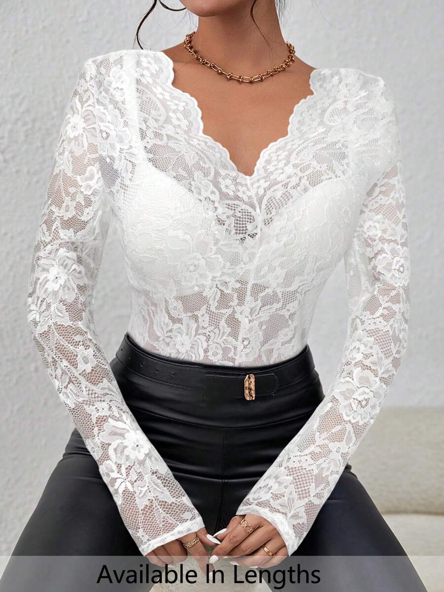 SHEIN PETITE CURVE Blusa de encaje transparente elegante y de un solo color para mujer de talla grande - Blanco - Ver 1