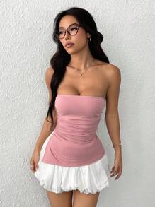 SHEIN EZwear Solid Color Asymmetric Ruched Bandeau Cropped Top, Suitable For Daily Wear - Dusty Pink - View 5