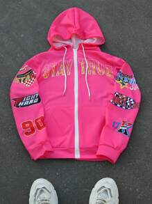Manfinity EMRG 男式字母印花拉链抽绳连帽运动衫 - 粉色 - 查看 1