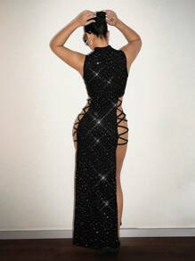 SHEIN ICON Sleeveless Cutout Tie Up Sequin Crop Top, Minimalist & Fashionable, Suitable For Summer - Black - View 4