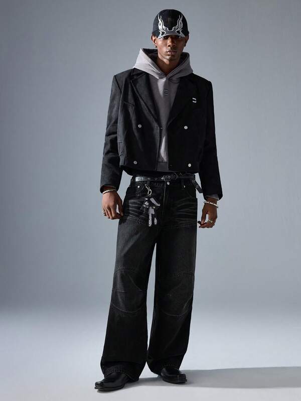 NEON BLANC Pantalones largos de mezclilla negra suelta y tejida, moda callejera para hombres