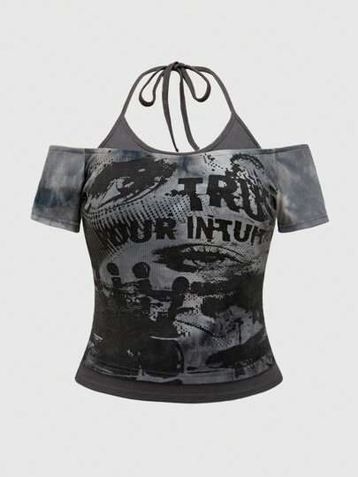 Grunge Punk Camiseta sin mangas con cuello de tortuga, tirantes finos y estampado tie-dye con eslogan, talla grande, estilo Y2K moderno