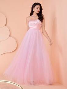 SHEIN Belle Women's Solid Color High Waist Mesh Dress,Elegant Formal Gown For Wedding Guest,Banquet,Prom,Birthday Party & Evening Events - Pink - View 2