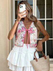 SHEIN LUNE Women V-Neck Open Front Jacquard Tie-Up Sleeveless Cropped Vest Waistcoat, European & American Style European Summer Ibiza Outfits Mesh Embroidered Top Going Out Top Vacation Tops Fairycore Cute Summer Tops Tube Top Flower Top Bohemian Tropical Tropical Vacation Woman Clothes - Pink - View 6