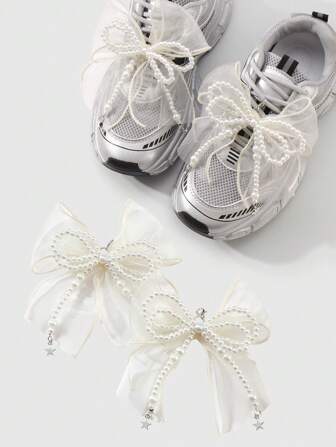 Kawaii 2 pezzi Set di decorazioni per scarpe in stile coreano minimalista, realizzati a mano con perle bianche finte, fiocco in rete gialla a doppio strato, ciondolo a forma di stella, adatti per le donne, per uso quotidiano o come regalo