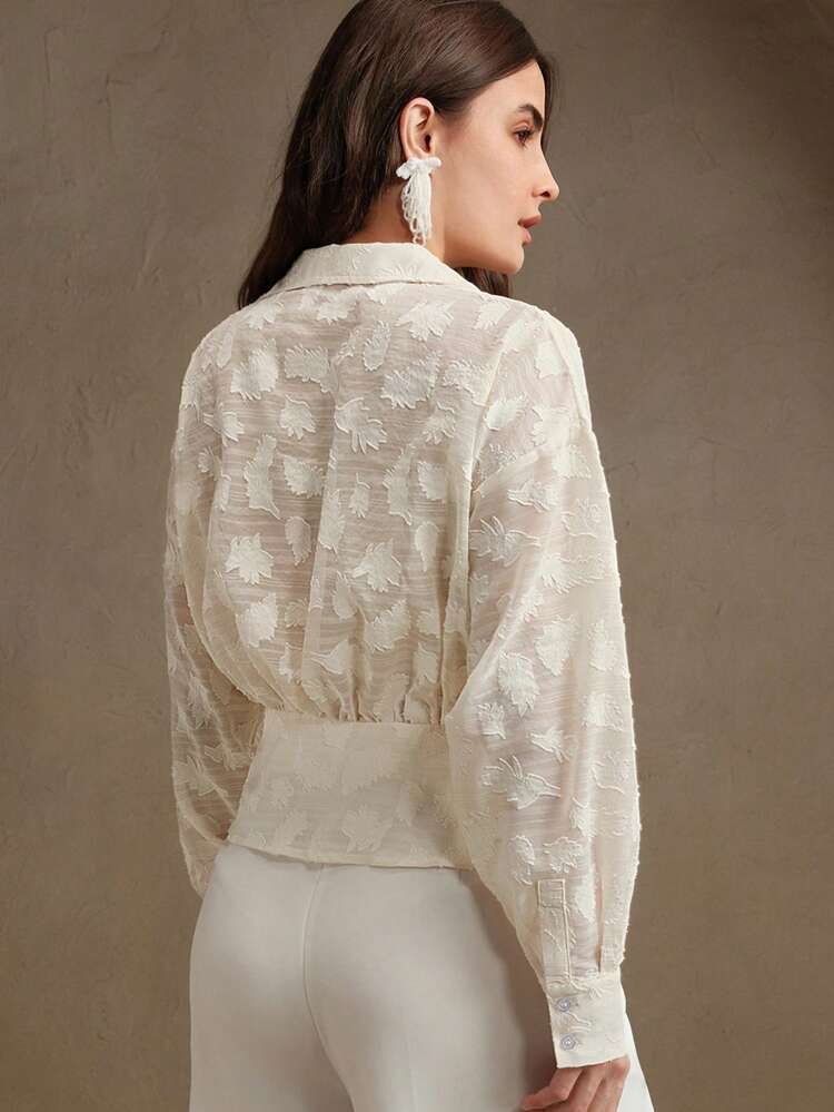 Women Spring Elegant Business Casual Modest V-Neck Waist Cinched Long Sleeve Blouse