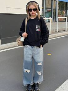 Denimly Girls Casual Simple Fashion College Style Jeans, Elastic Waist Relaxed Fit Ombre Washed Straight Leg Denim Pants