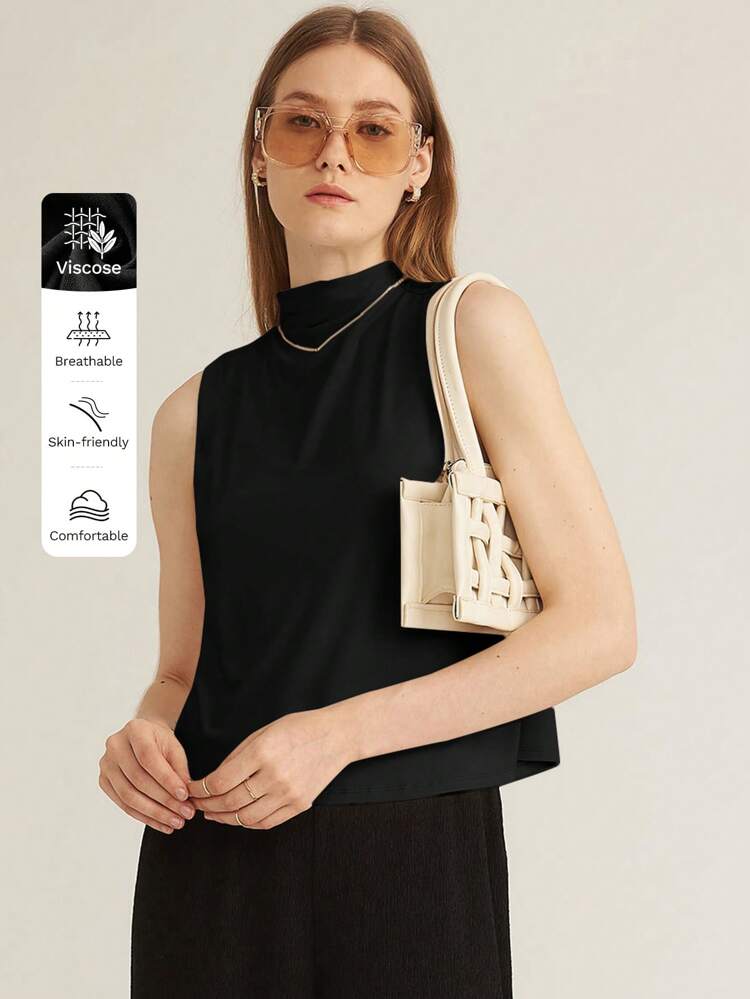 ビスコース モックネック ノースリーブ トップス