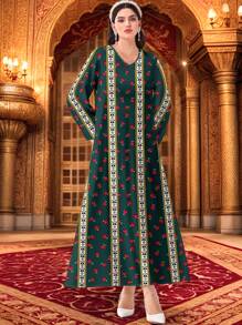 Al Najma Casual & Simple Full Print Conservative Arabic Style Dress - White - View 4