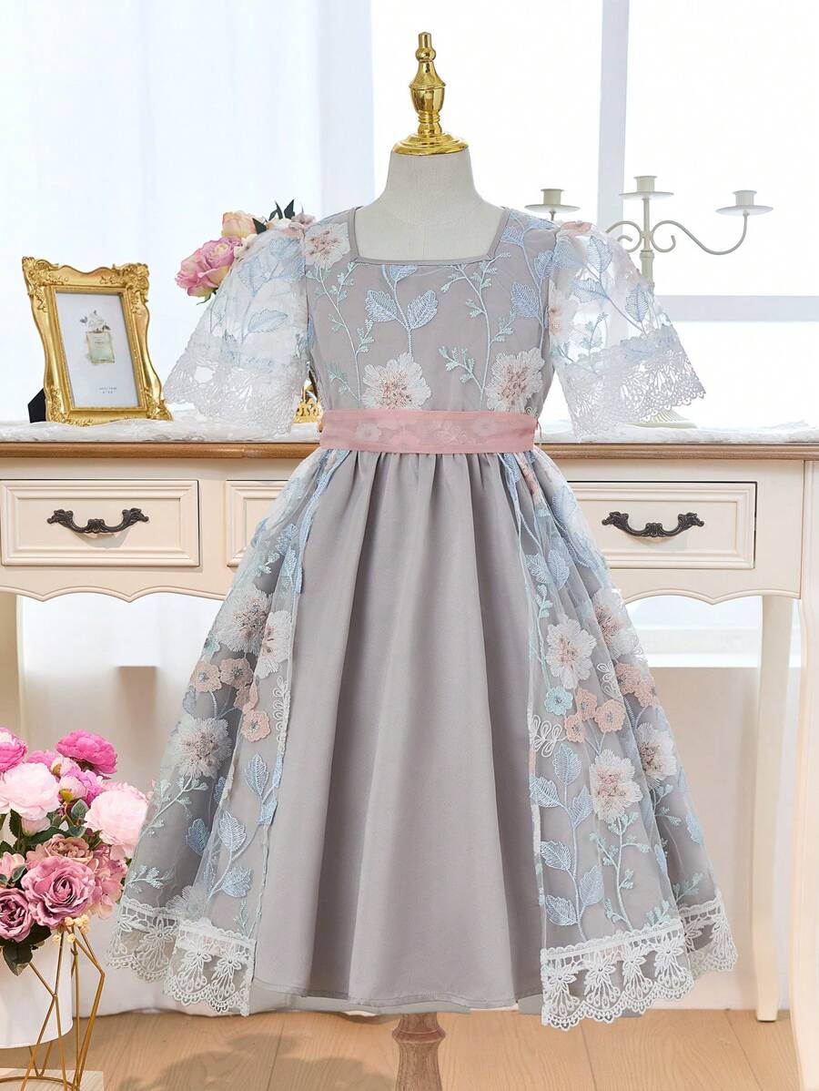 SHEIN 女童编织缎面拼接彩色花卉刺绣网眼蝴蝶结优雅连衣裙,适合毕业舞会、公主裙、花童裙 - 彩色 - 查看 1
