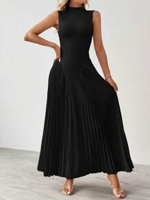 SHEIN Tall 女士优雅褶皱紧身 A 字形连衣裙 - 黑色 - 查看 4