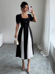 Elenzga Elegant Commuting Colorblock Pleated Patchwork Dress
