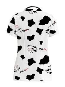 PopScrub Women's Cow Print V-Neck Short Sleeve Loose Nurse Scrub Uniform Top - Multicolor - View 2