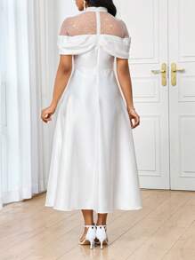 SHEIN Lady Vestido de satén blanco midi, de novia, elegante y para fiestas, con panel cuello perla y malla lentejuelada, apropiado para las cuatro estaciones