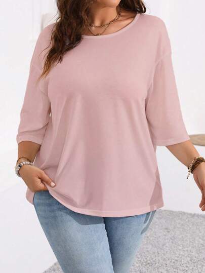 SHEIN LUNE Camiseta holgada y cómoda informal de unicolor, de cuello redondo y manga corta para talla grande