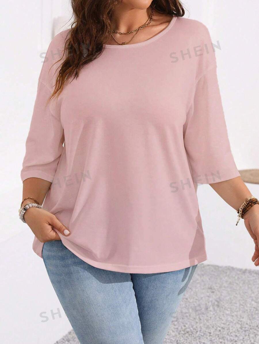 EMERY ROSE Camiseta de manga 3/4 de cuello redondo de unicolor para tallas grandes, adecuada para uso diario - Rosa vieja - Ver 1
