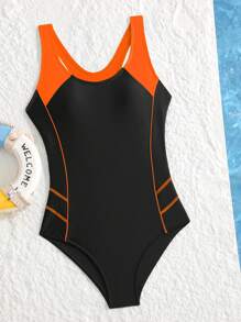 Swim SPRTY Women Spring Break Simple One-Piece Swimsuit, Athletic Style Beach Outfit For Summer - Orange - View 6