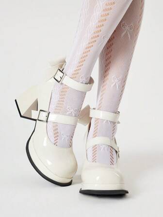 Kawaii Zapatos de vestir de tacón grueso de punta cerrada para mujer, Zapatos de tacón tipo Mary Jane blanco con detalles de moño, zapatos formales para oficina y trabajo