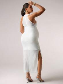 MaterniChic Pregnant Women's Sexy Off-Shoulder Long Sleeve Sequin Tight Party Dress, Spring/Summer - White - View 2