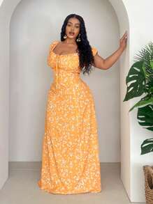 Slaydiva 大码女式浪漫度假优雅黄色碎花露肩 A 字长裙 - 黃色 - 查看 5