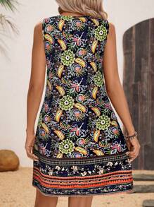 EMERY ROSE Women's U-Neck Metal Ring Decor A-Line Hem Retro Print Casual Vacation Sleeveless Dress, Summer,Sun Dress - Royal Blue - View 2